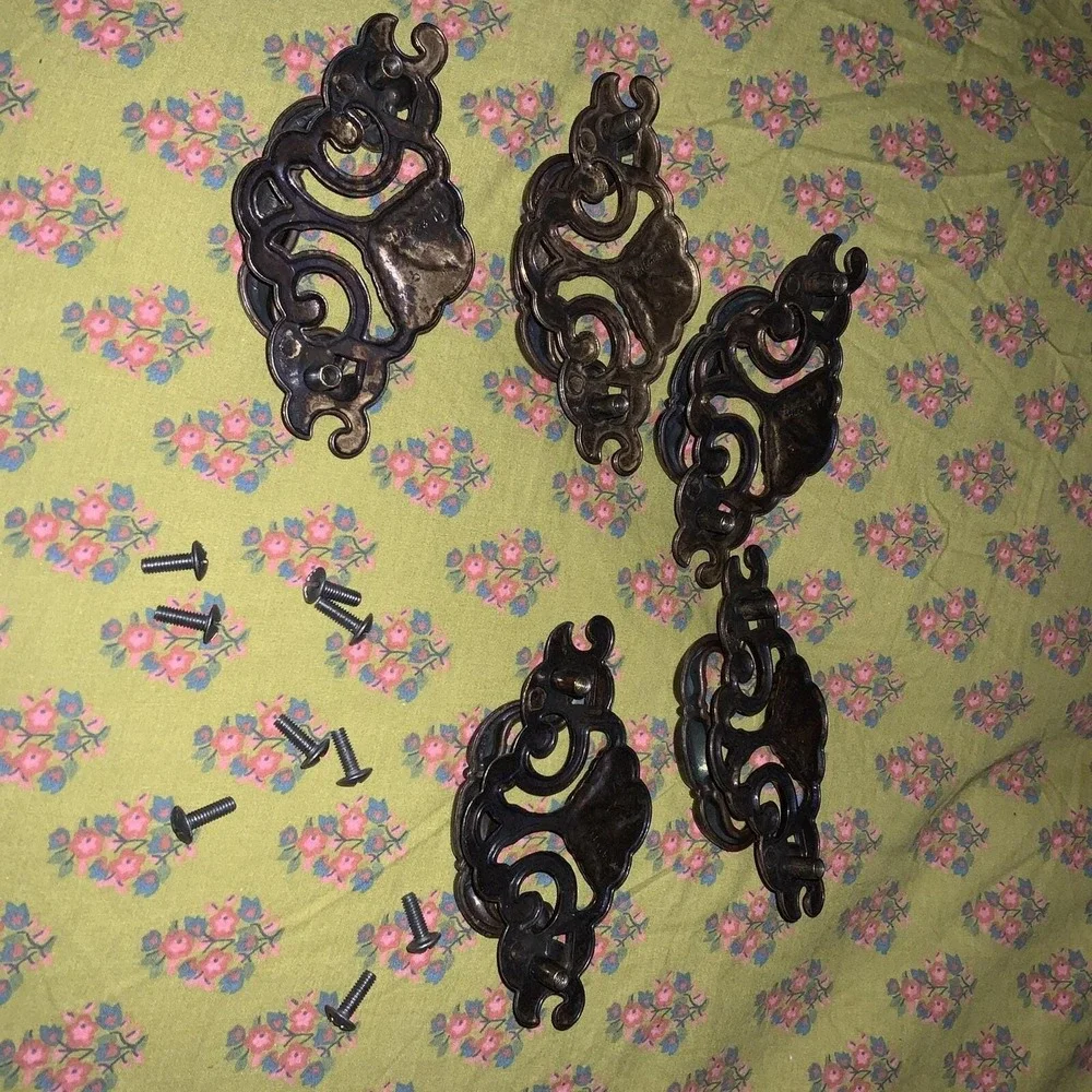 5 Brass‎ Drawer Pulls Furniture Hardware Drop Handle Vintage Ornate Solid Mcm